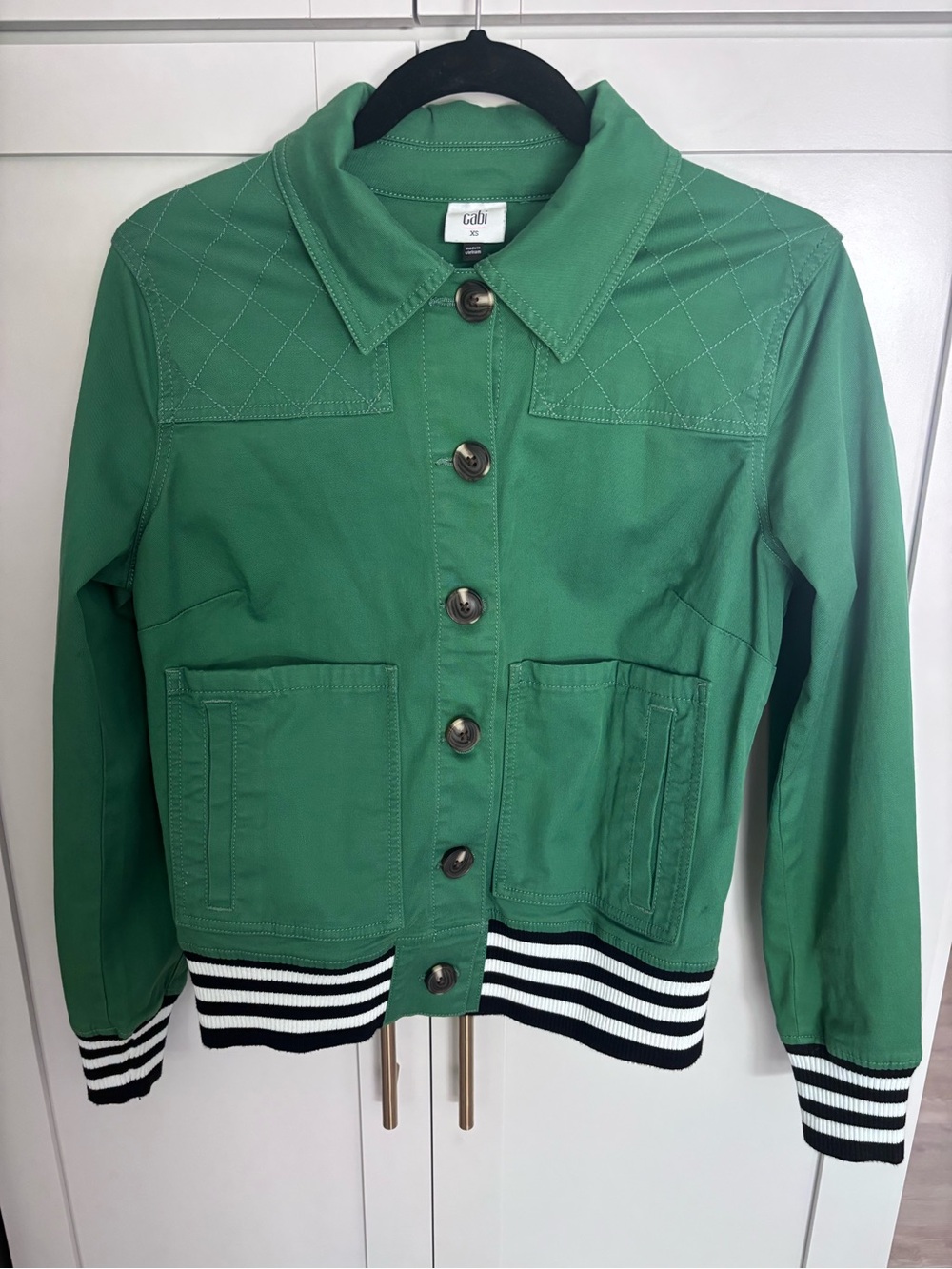 CAbi Green Bomber Jacket with Black & White Striped Hem